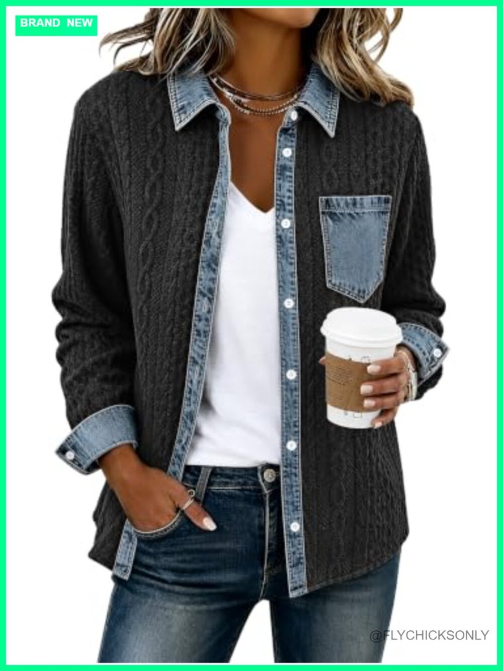 Womens Denim Patchwork Shacket Button Down Loose Fit Casual Jacket